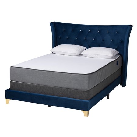 Baxton Studio Easton Contemporary Glam and Luxe Navy Blue Velvet and Gold Metal Queen Size Panel Bed 220-12855-ZORO